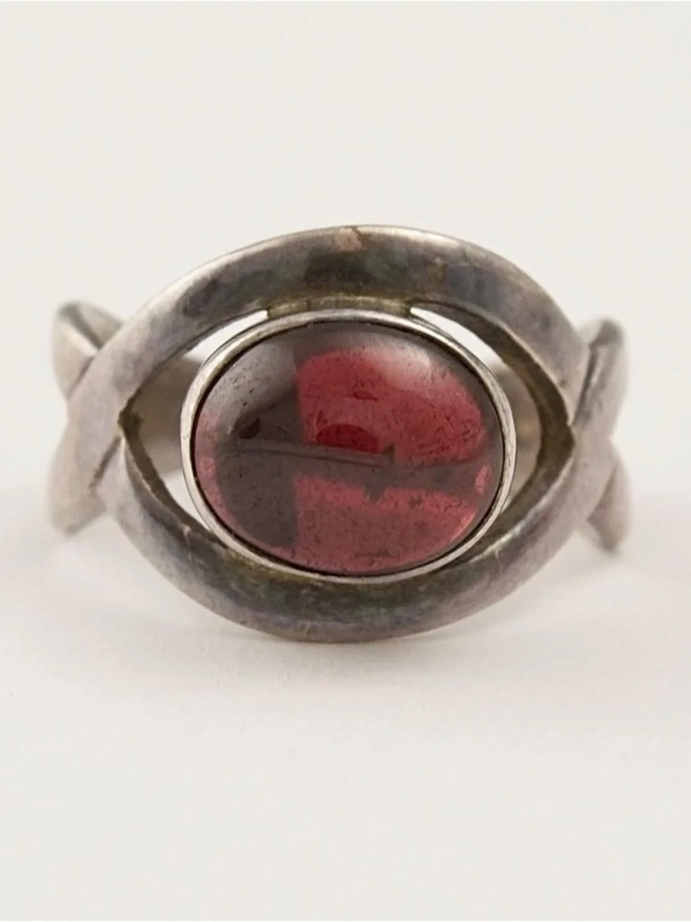 Vintage Garnet Cabochon Sterling Silver Ring Size 6.5 Artisan Handcrafted
